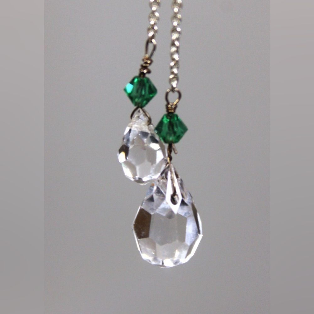 Vintage 70s Crystal Drop Pierced Earrings Green And Clear